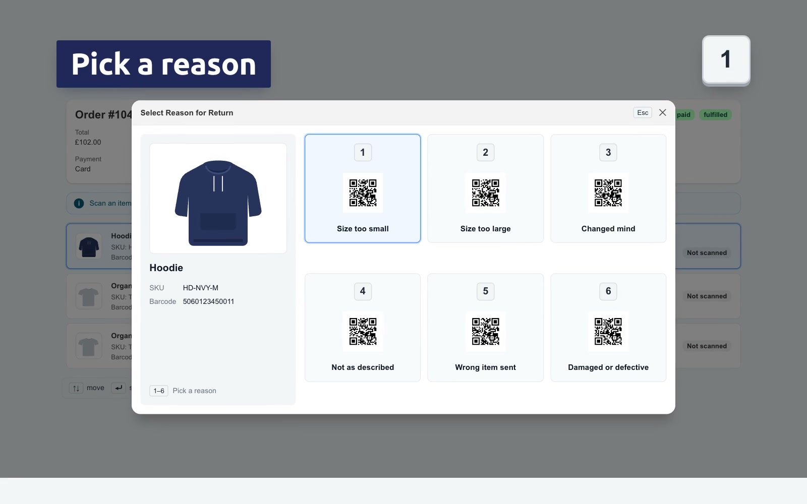 Returns Flow: picking the reason for a returned hoodie by pressing 1.